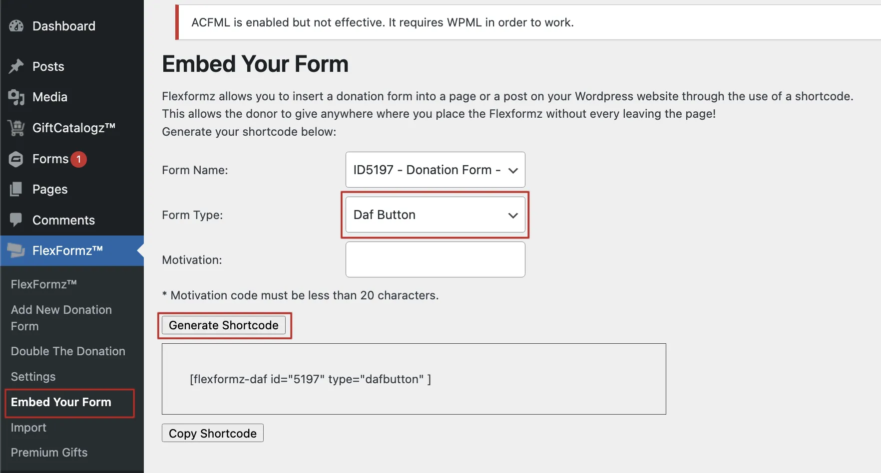Generate DAF Button Shortcode